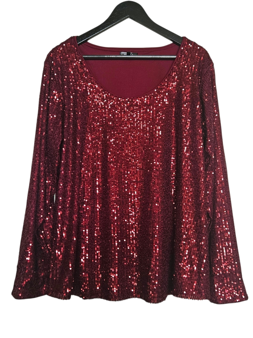 Studio Y Red Sequin Long Sleeve Scoop Neck Top